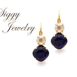 Swarovski Crystal Double Stone Lever-Back Earrings, Ivory Cream, and Dark Indigo